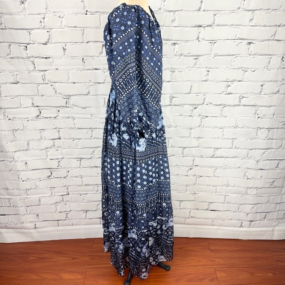 Hale Bob Ilona Silk Chiffon Maxi Dress Floral Small Navy Smocked Puff Sleeve - Picture 4 of 16